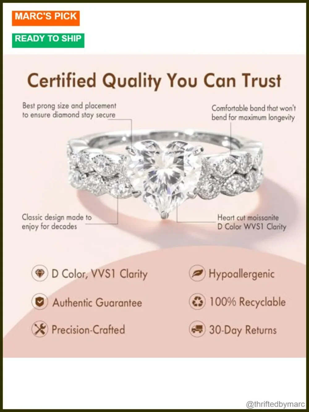 2CT Heart Cut Moissanite Ring Set 925 Sterling Silver Promise Ring